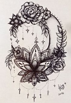 a black and white drawing of a crescent with flowers on the side, surrounded by feathers
