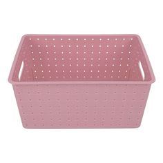 a pink plastic basket with holes on the sides and bottom, in front of a white background