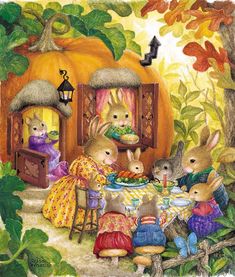 a painting of rabbits eating at a table surrounded by holly wreaths and pumpkins