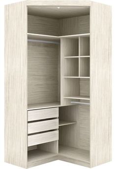 an open closet with drawers and shelves on the bottom shelf is shown in white wood
