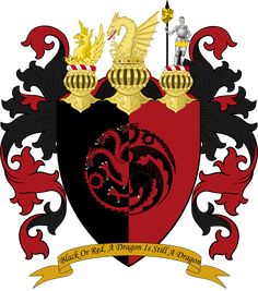 a coat of arms with two dragon emblems on the front and sides, both black and red