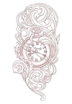 an intricate tattoo design with a clock on it