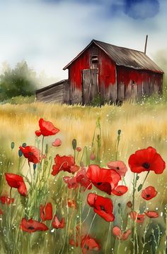 a painting of red poppies in front of an old barn