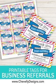 printable tags for business refer cards with the words thank you in blue and red