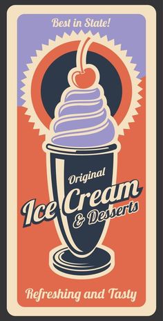 Ice cream dessert, retro vector poster Ice Cream Vintage, Whipped Cream Desserts, Ice Cream Menu, Ice Cream Sign, Ice Cream Illustration, Cherry Topping, Retro Desserts, Ice Cream Poster, Ice Cream Packaging