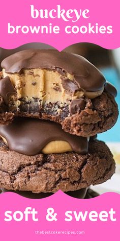 three cookies with chocolate frosting and peanut butter are stacked on top of each other