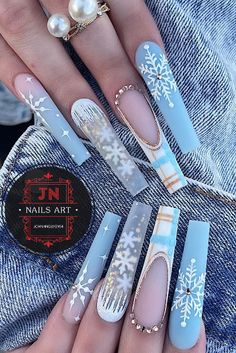 Best Winter Nails, Blue Winter Nails, Holiday Nails Winter, Gold Acrylic Nails, Purple Acrylic Nails, Plaid Nails, Coffin Shape Nails