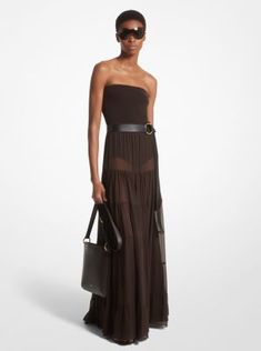 This floor-sweeping skirt features five tiers made from washed silk chiffon. Borrow styling inspiration from the runway and wear it from the pool to the hotel lobby with a strapless bodysuit and belt. Made in Italy. Skirt Silk, Strapless Bodysuit, Styling Inspiration, Michael Kors Collection, Hotel Lobby, Chiffon Skirt, Silk Chiffon, Lobby, In Italy