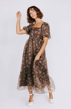 EXCLUSIVE - Mocha Meadow Dress Floral Baby Doll Dress, Brown Floral Bridesmaid Dresses, Two Piece Wedding Dress Guest, Formal Dress Sleeves, Meadows Dress, Brown Boho Dress, Brown Floral Dress, Meadow Dress, Earth Tone Dress