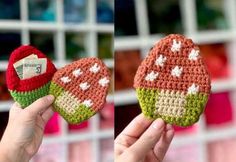 two pictures of someone holding up small crocheted items