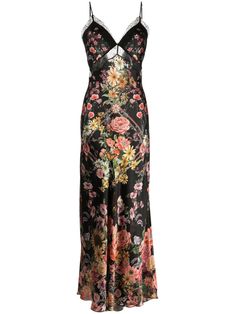 black/multicolour silk satin shift style all-over floral print lace detailing crystal embellishment V-neck slip-on style adjustable spaghetti straps V-back high-low hem floor-length Haute Couture, Couture, Bcbgmaxazria Dresses Long Gowns, Black Floral Lace Dress, Fall Wedding Guest Midi Dress, Embroidered Green Dress, Long Lingerie Dress, Dark Wedding Guest Dress, Pll Dresses