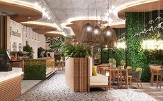 Healthy Food Shop Design, Tropical Interior Design Cafe, Nature Concept Interior, Healthy Food Cafe Interior Design, Natural Cafe Interior Design, Healthy Restaurant Design Interiors, Healthy Food Restaurant Design, Gym Cafe Design, Cafe Design Concept