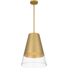 a gold and clear light fixture with a round glass cone hanging from the ceiling, on an isolated white background