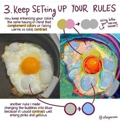 an egg frying in a pan with instructions on how to cook it