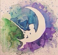 the silhouette of a person sitting on top of a crescent with watercolor paint splatters around it