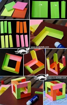 the steps to make an origami chair out of construction paper and colored tape