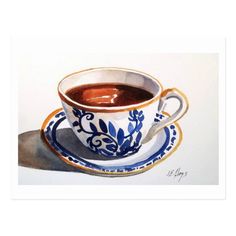 a painting of a coffee cup and saucer on a white background with blue accents