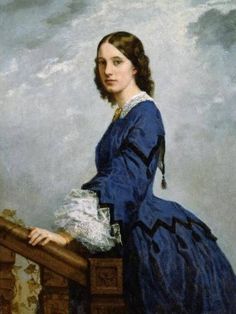 a painting of a woman in blue dress leaning on a railing with clouds behind her