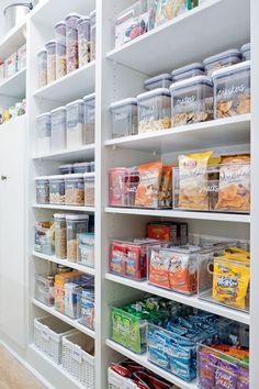 an organized pantry filled with lots of food