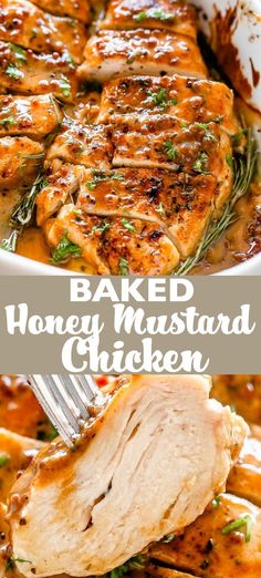 baked honey mustard chicken in a white casserole dish with a fork and text overlay