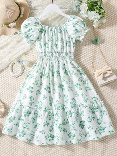 Green Boho Collar Short Sleeve Fabric Floral,All Over Print A Line Embellished Non-Stretch  Tween Girls Clothing Short Frocks, Shein Kids, Cute Dress Outfits, Green Boho, Background Iphone, Kids Wardrobe, Dresses Style, Cute Summer Dresses, Fabric Floral