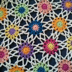 a crocheted afghan with multicolored flowers on it's edges and sides