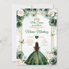 a green and white wedding card with the words mr prince on it, surrounded by flowers