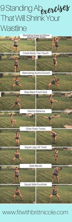 an image of a woman running in the grass with text that reads 9 standing ab exercises that will shrink you waistline