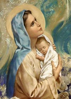 an image of the virgin mary holding a baby