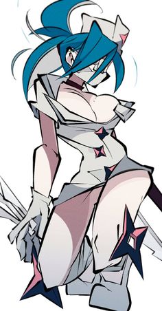 an anime character with blue hair and white skin, holding two swords in her hands