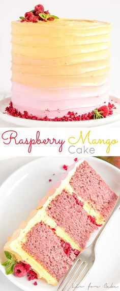 raspberry mango cake on a plate with a fork