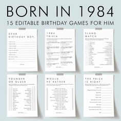 the birthday games for him are shown in black and white, with text that reads born in