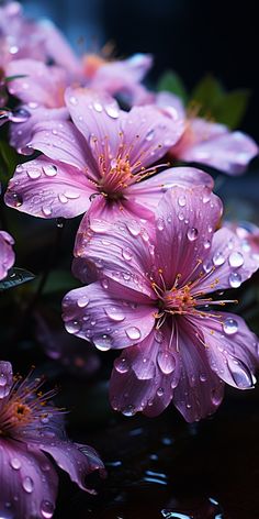 purple flowers with water droplets on them are in the foreground, and dark background