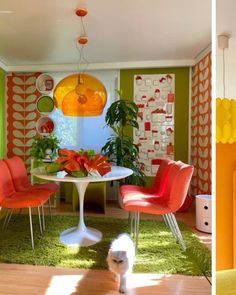 two pictures of a dining room with orange chairs and a white table in the middle