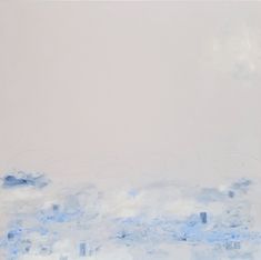 an abstract painting with blue and white colors on a beige background that has clouds in the sky