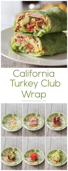 the california turkey club wrap is cut in half and served on a plate with other plates