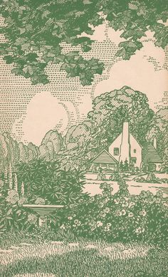 an old book with a drawing of a house in the background and trees around it
