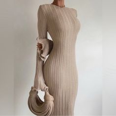 Size Is Large, But It Feels More Like An Extra Large. Very Good Quality. Nwt. Long Sleeve Long Dress, Wrapped Skirt, Sleeve Long Dress, Mode Abaya, Ribbed Dress, Ribbed Knit Dress, Modieuze Outfits, Elegantes Outfit, Khaki Dress