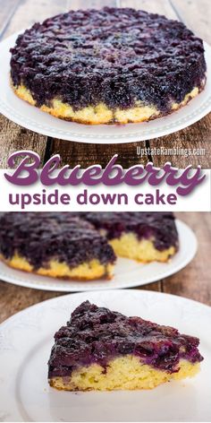 blueberry upside down cake on a white plate