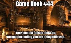 a room filled with lots of furniture and a fire place next to a fireplace that reads game hook 4