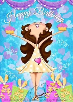 a birthday card with a girl holding two cupcakes and the words happy birthday