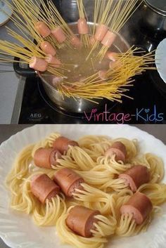 there are two pictures with spaghetti and hot dogs in them on the same plate as pasta