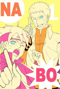 two anime characters with one pointing at the camera and the other saying, boi
