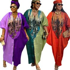 Trendy Fashion Summer Satin Women African Dashiki Oversize Kaftan Maxi Dress With Scarf Batwing, Women's Dresses Summer Clothing, Maxi Dress With Scarf, Dress With Scarf, African Dashiki, Kaftan Maxi Dress, African Attire, Casual Party, African Clothing, Fashion Summer