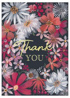 a thank card with flowers and the words thank you in gold lettering on black background