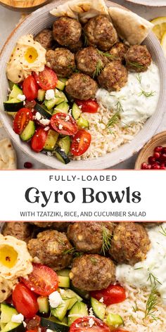 two plates filled with meatballs, rice and cucumber salad next to the words gyro bowls