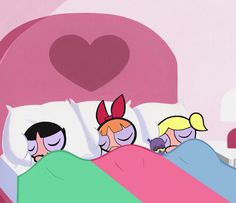 three cartoon characters laying in bed together