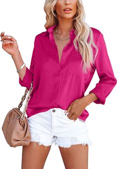 Shimmer in this pink top! Linen Shirts Women Outfits, Satin Fashion, Women's Button Down Shirt, Blouse Tops, Satin Shirt, Chiffon Long Sleeve, Casual Work, Womens Clothing Sizes, Work Blouse