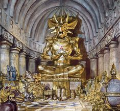 a large golden statue sitting in the middle of a room filled with gold statues and other items