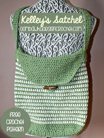 a crocheted bag with a name tag attached to the front and back of it